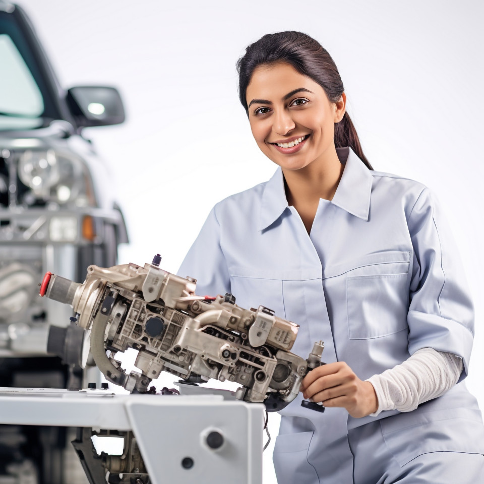 Friendly smiling beautiful indian woman automotive quality control inspector at work on white background