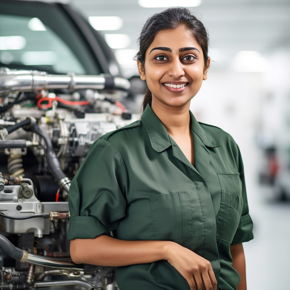 Friendly smiling beautiful indian woman automotive service manager at work on blured background