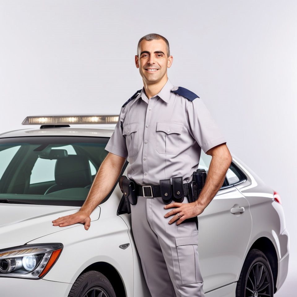 Friendly smiling handsome man automotive security personnel at work on white background