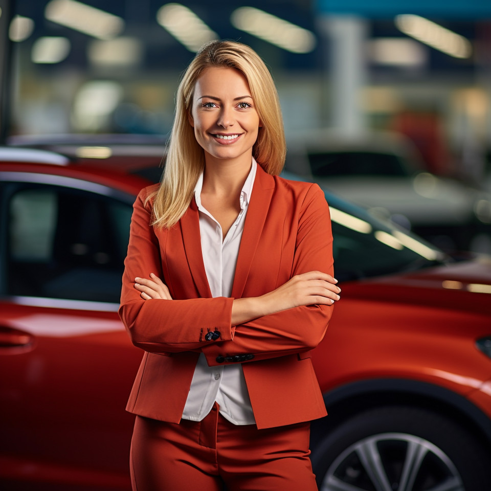 Friendly smiling beautiful woman automotive finance manager at work on blured background