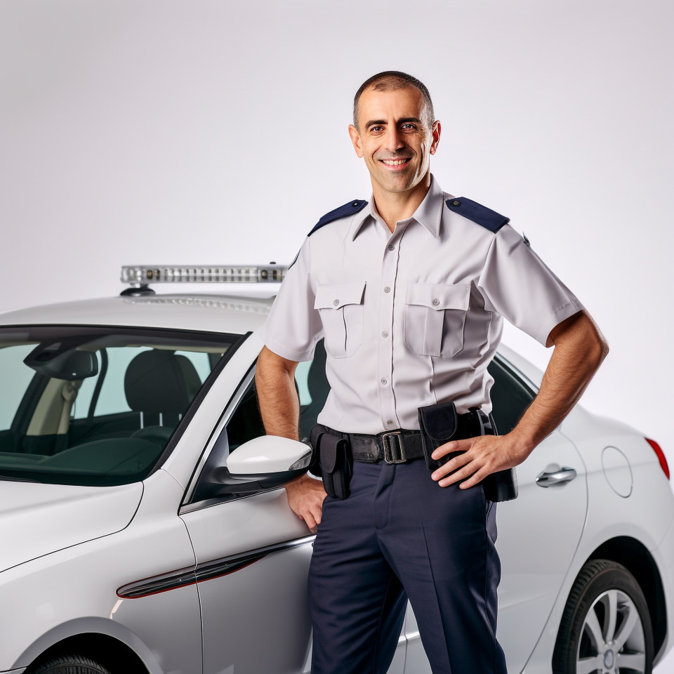 Friendly smiling handsome man automotive security personnel at work on white background