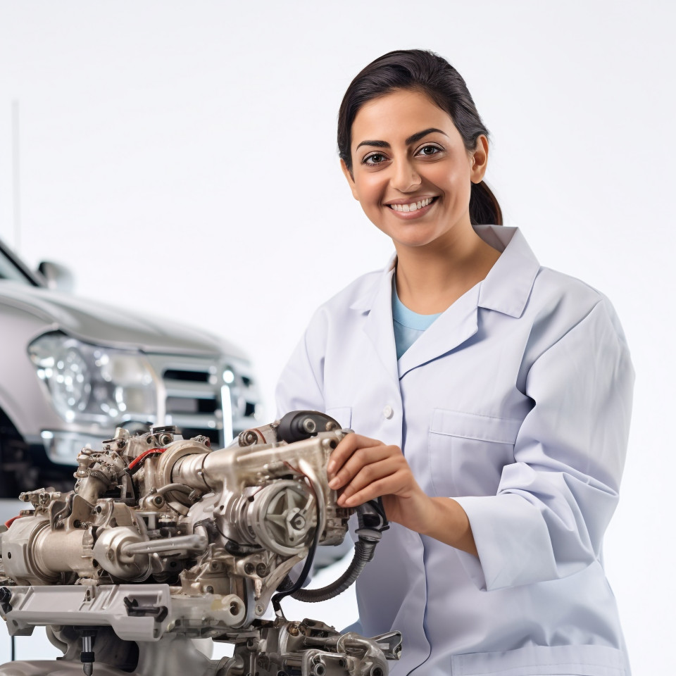 Friendly smiling beautiful indian woman automotive quality control inspector at work on white background