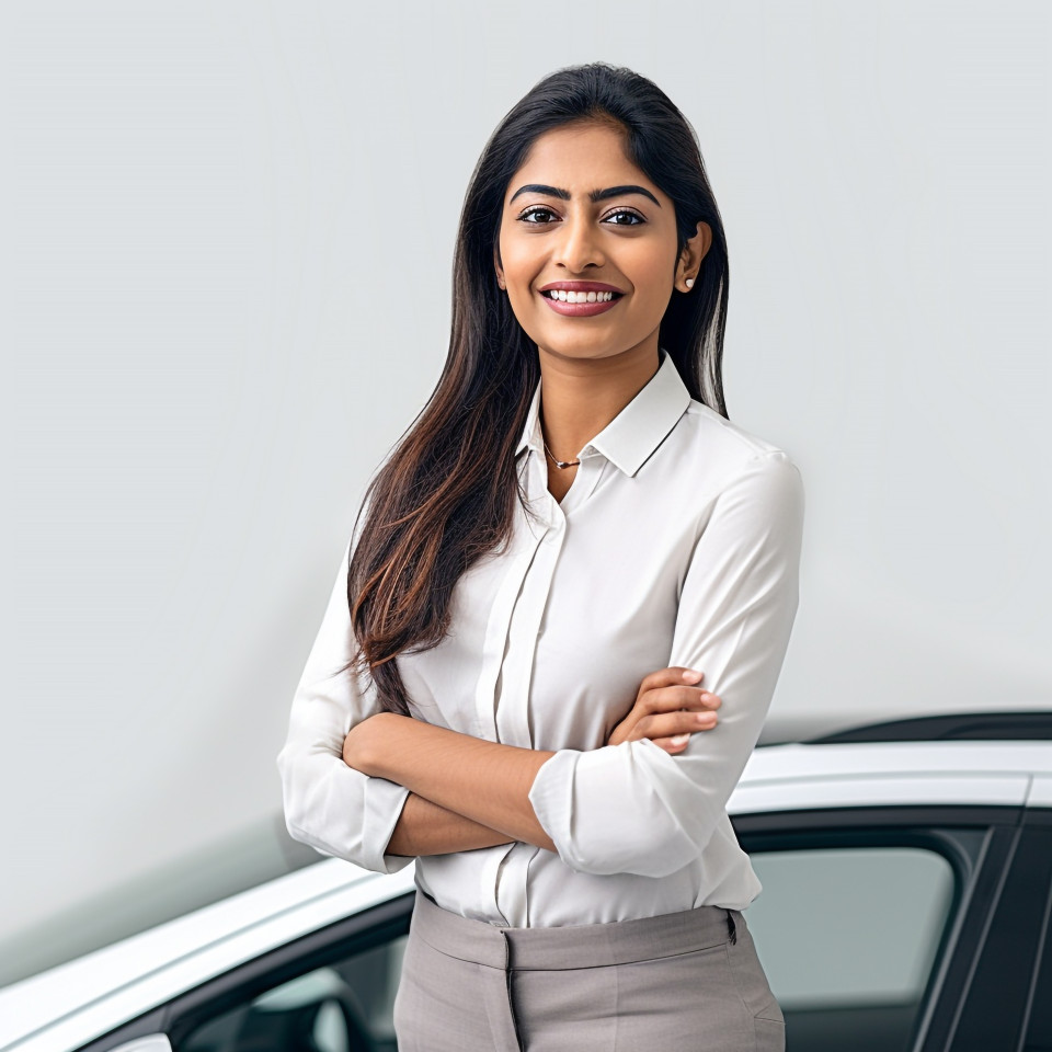 Friendly smiling beautiful indian woman automotive customer service representatives at work white background