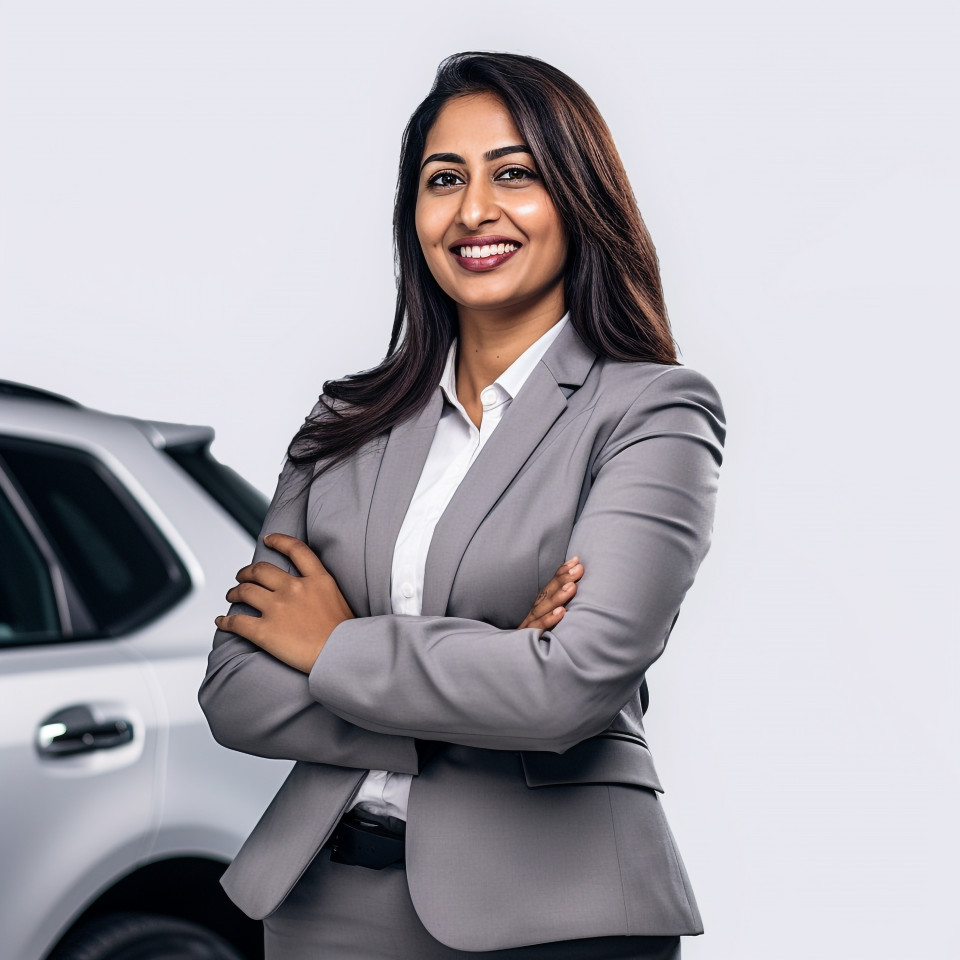 Friendly smiling beautiful indian woman automotive fleet manager at work on white background