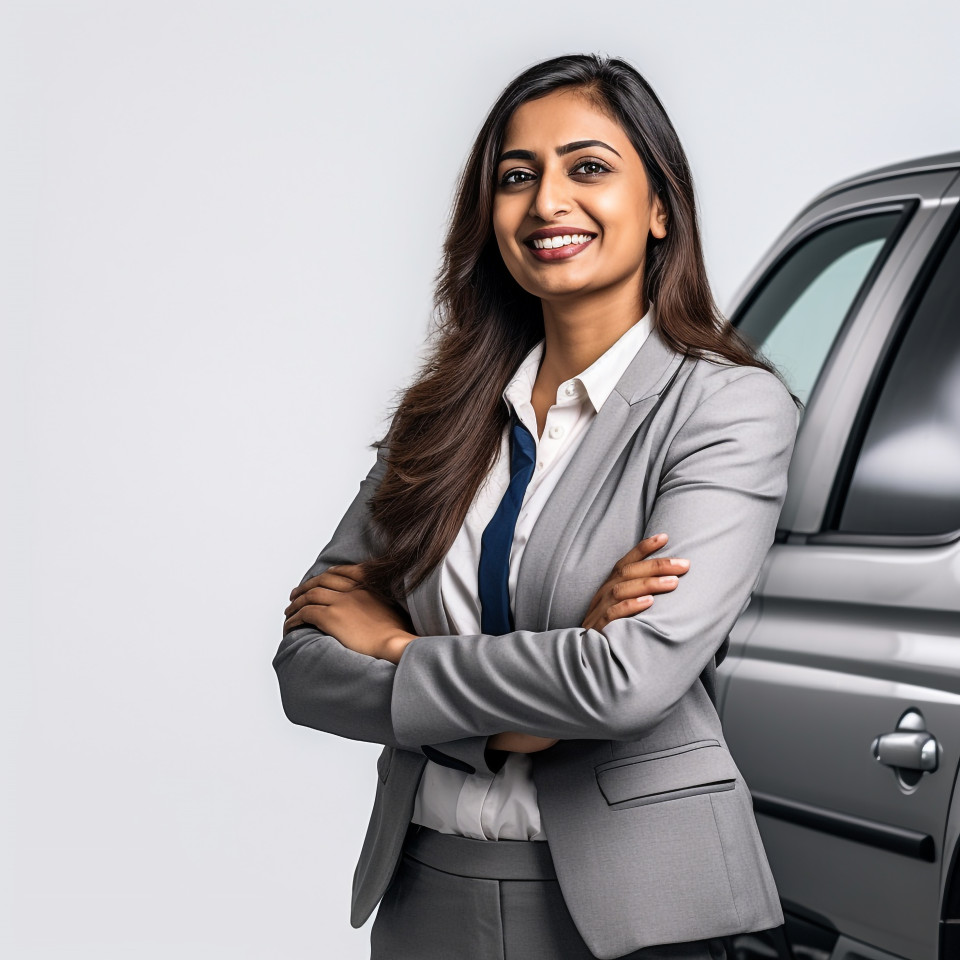 Friendly smiling beautiful indian woman automotive fleet manager at work on white background
