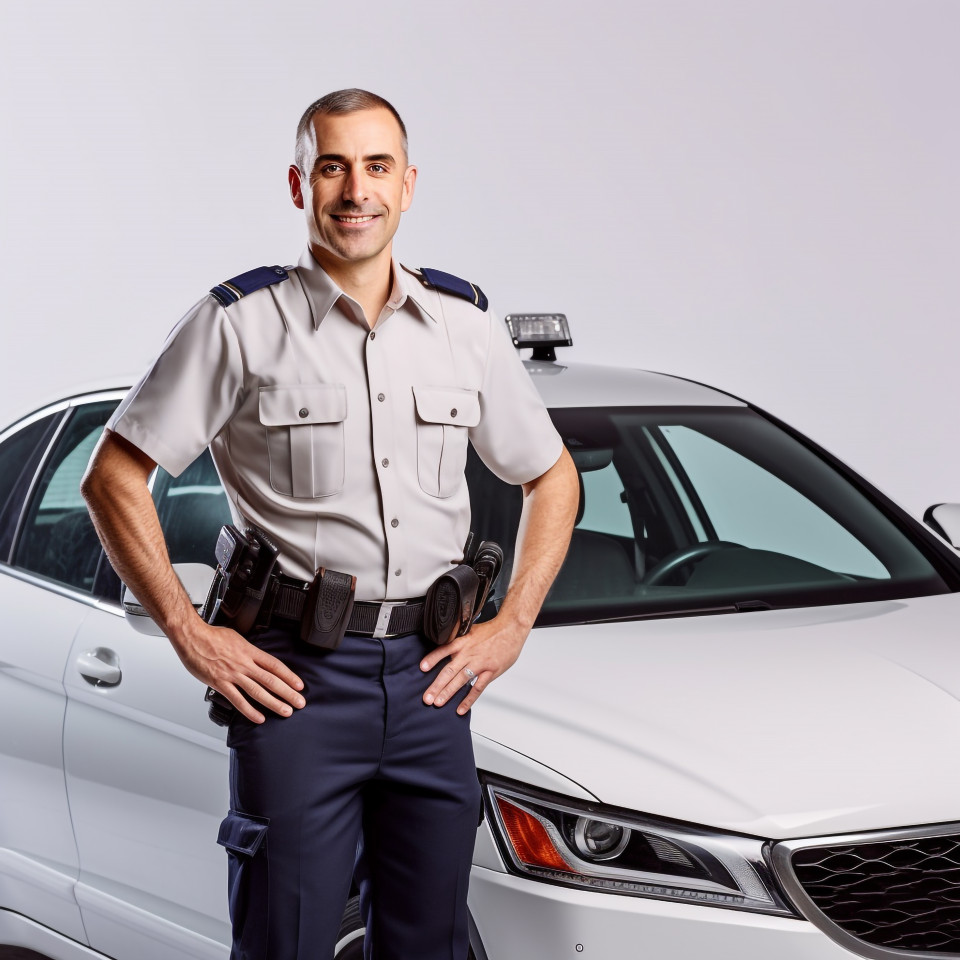 Friendly smiling handsome man automotive security personnel at work on white background