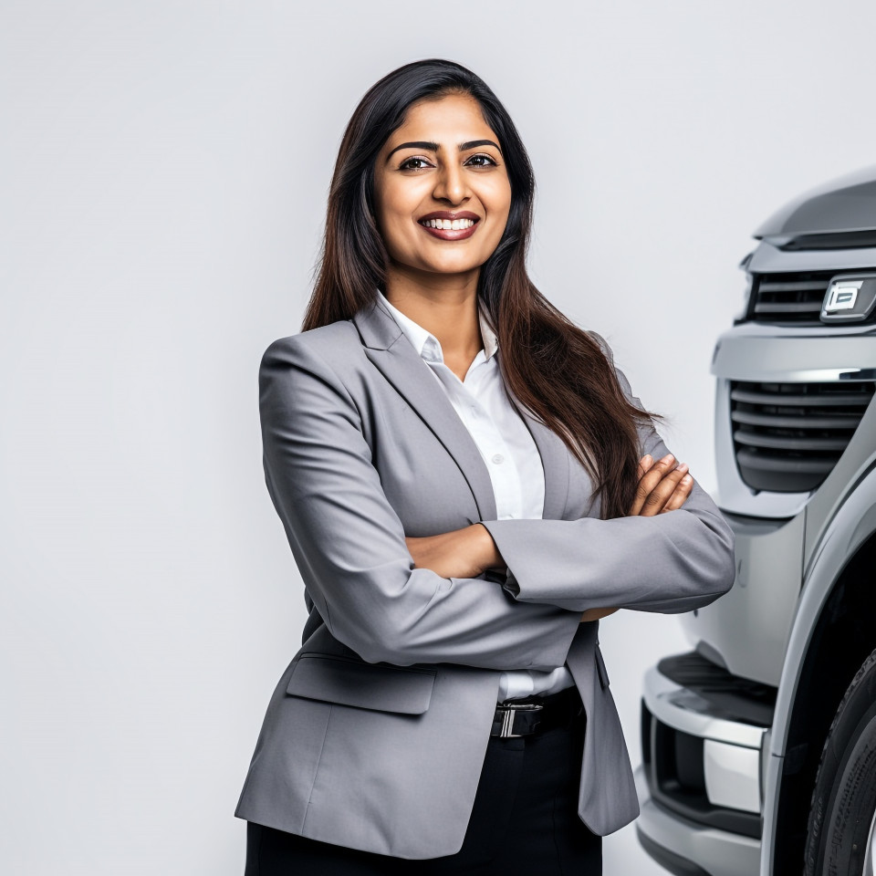 Friendly smiling beautiful indian woman automotive fleet manager at work on white background