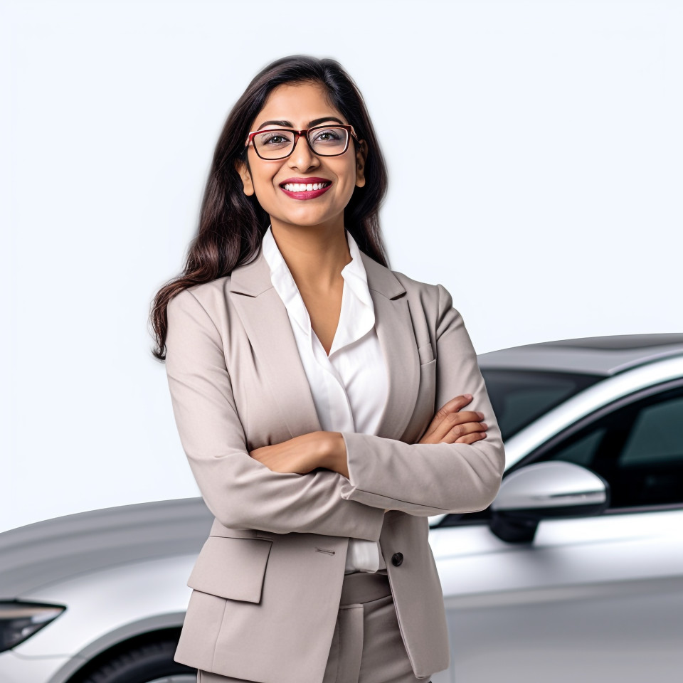 Friendly smiling beautiful indian woman automotive finance manager at work on white background