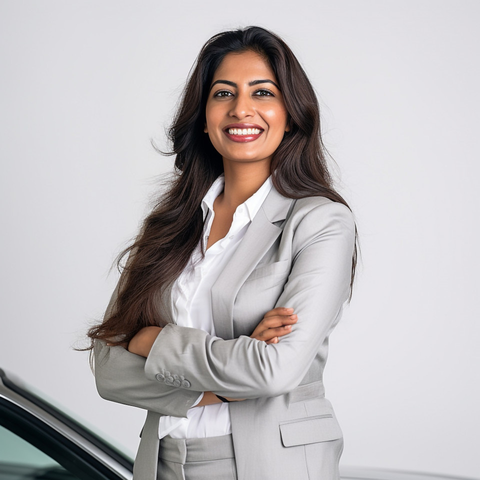 Friendly smiling beautiful indian woman automotive finance manager at work on white background