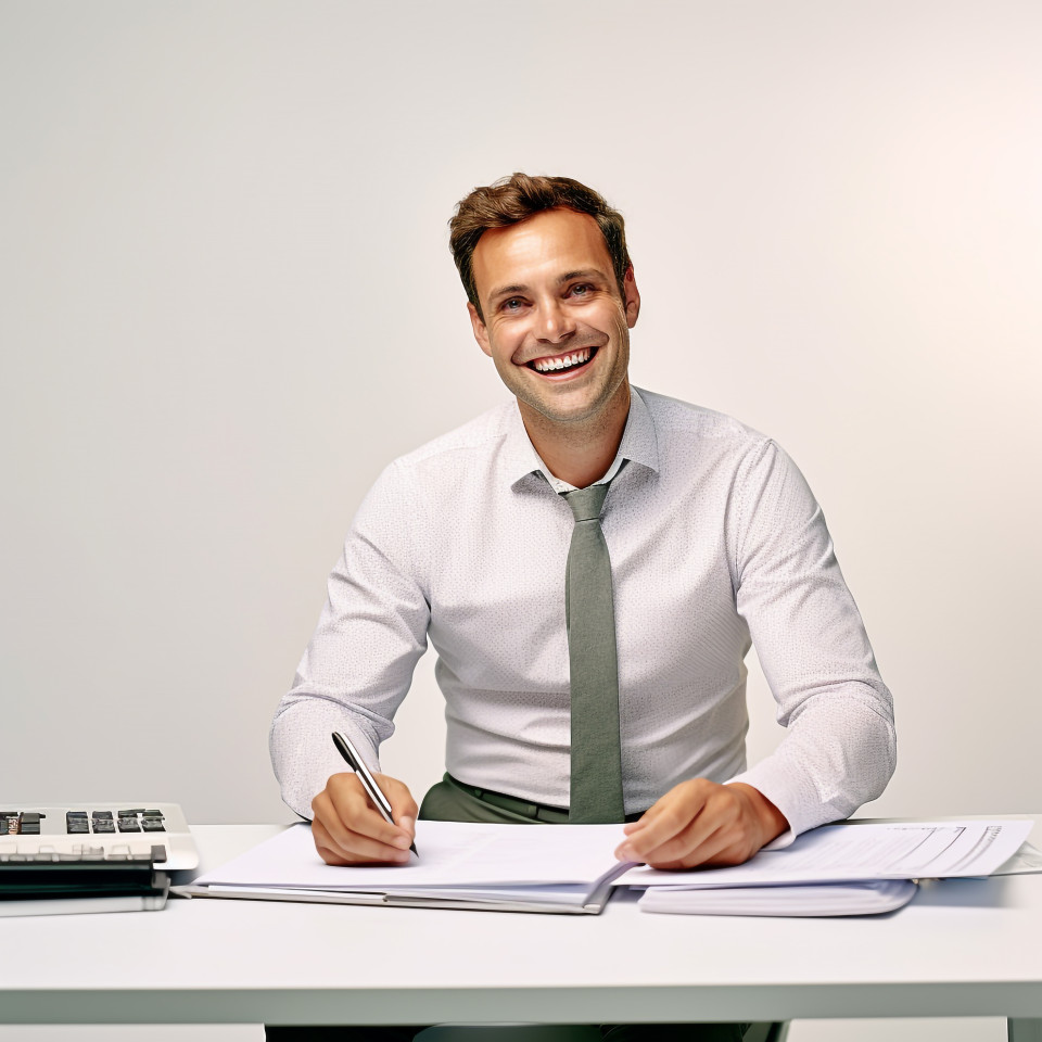 Friendly smiling handsome man automotive accountant at work on white background