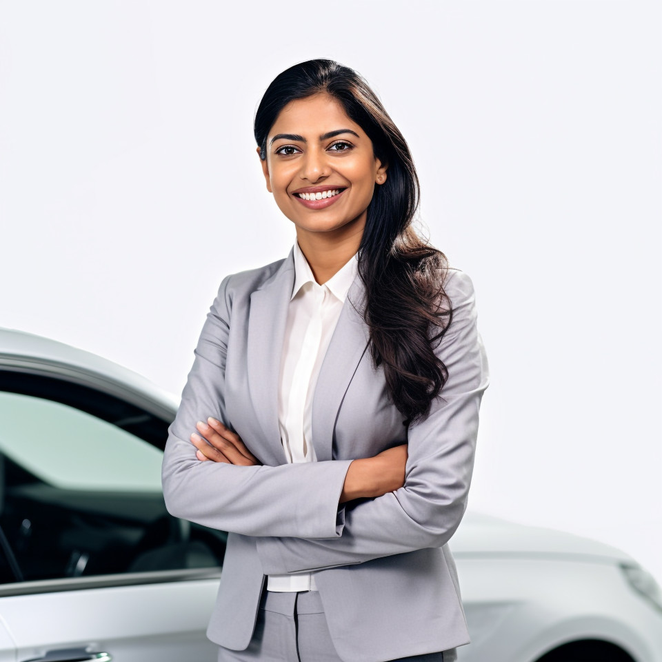 Friendly smiling beautiful indian woman automotive finance manager at work on white background