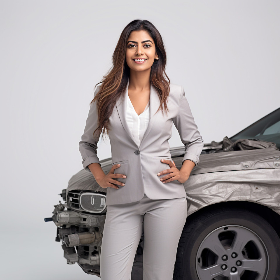 Friendly smiling beautiful indian woman automotive marketing manager at work on white background