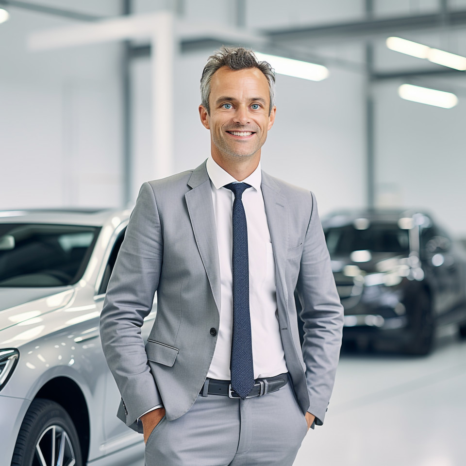 Friendly smiling handsome man automotive general manager at work on blured background