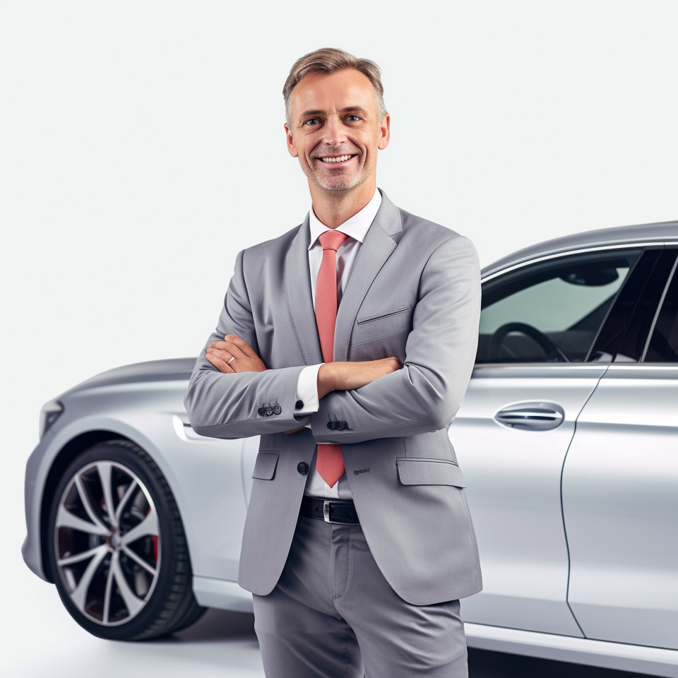 Friendly smiling handsome man automotive general manager at work on white background