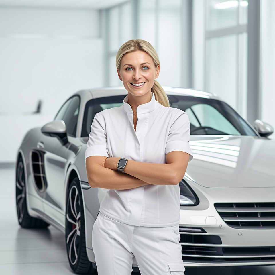 Friendly smiling beautiful woman automotive training instructor at work on blured background