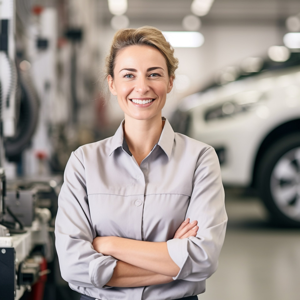 Friendly smiling beautiful woman automotive inventory manager at work on blured background