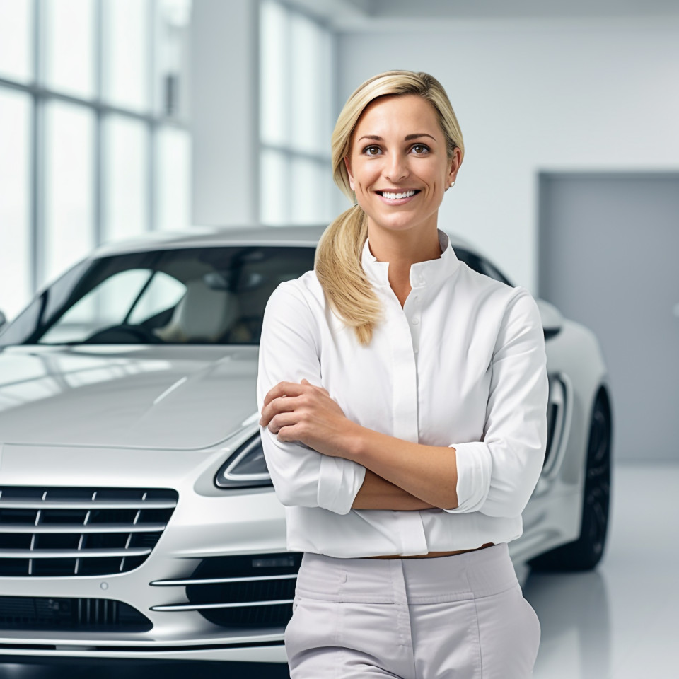 Friendly smiling beautiful woman automotive training instructor at work on blured background