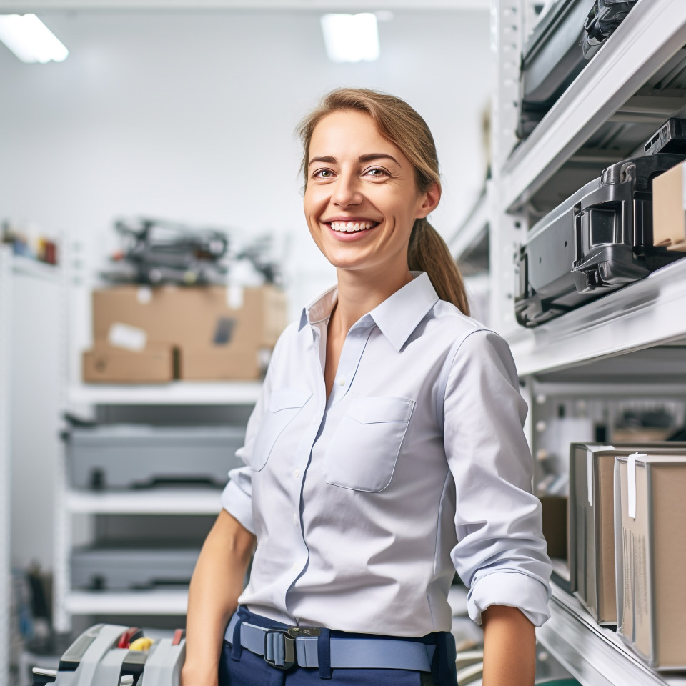 Friendly smiling beautiful woman automotive inventory manager at work on blured background