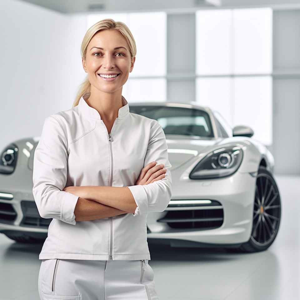 Friendly smiling beautiful woman automotive training instructor at work on blured background