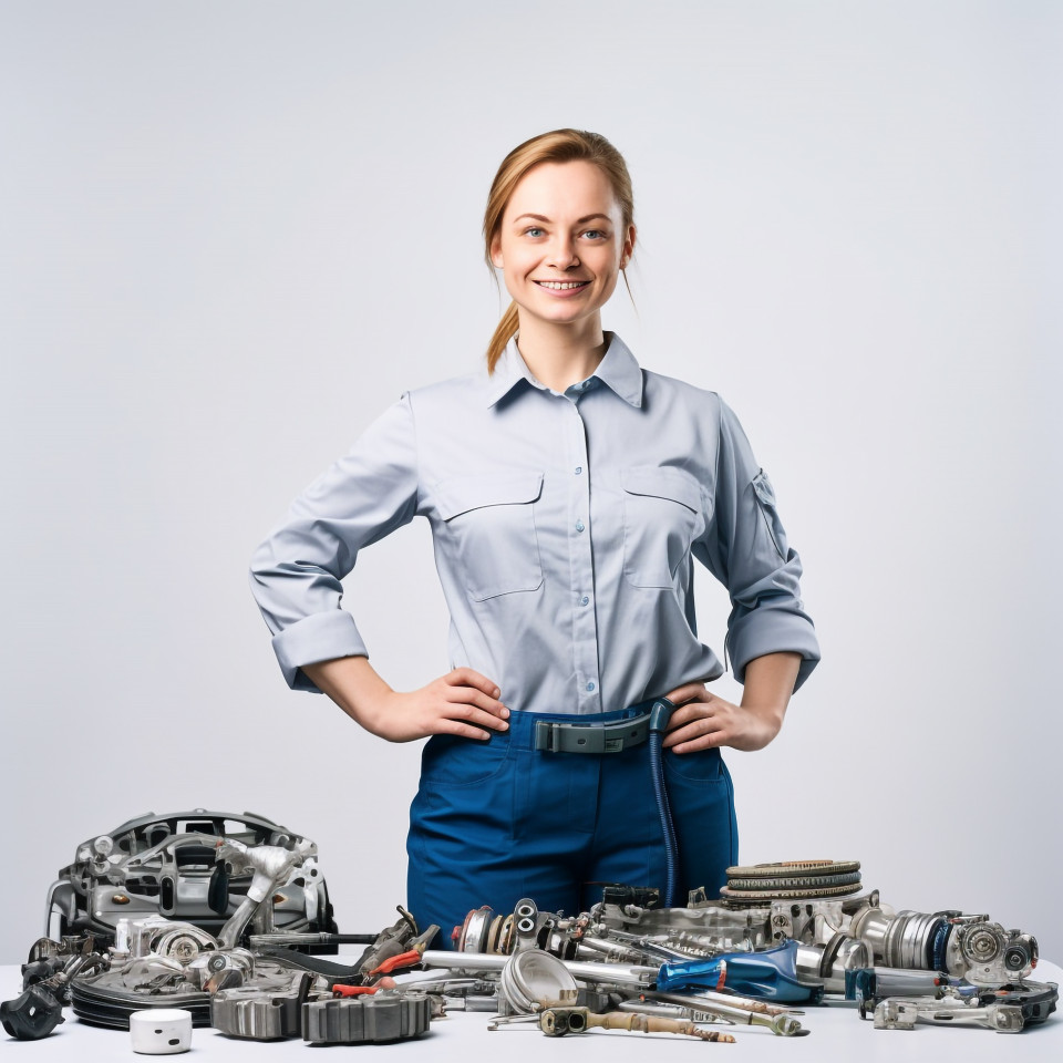 Friendly smiling beautiful woman automotive inventory manager at work on blured background