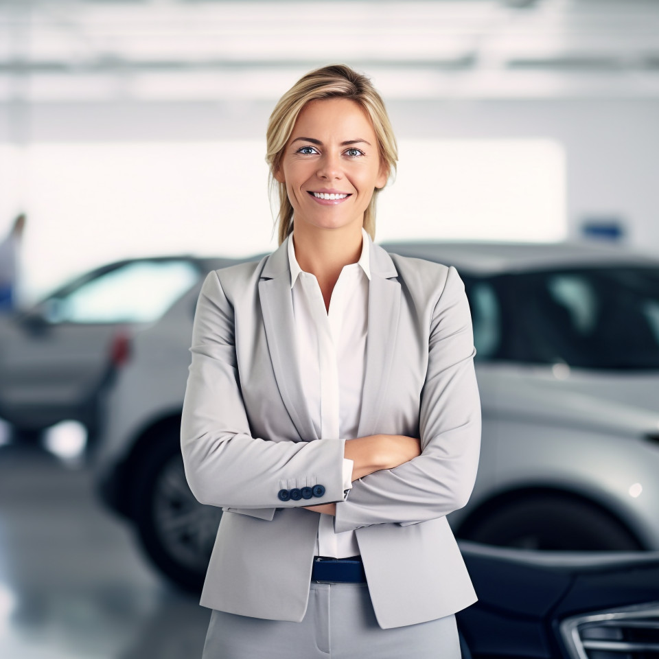 Friendly smiling beautiful woman automotive general manager at work on blured background