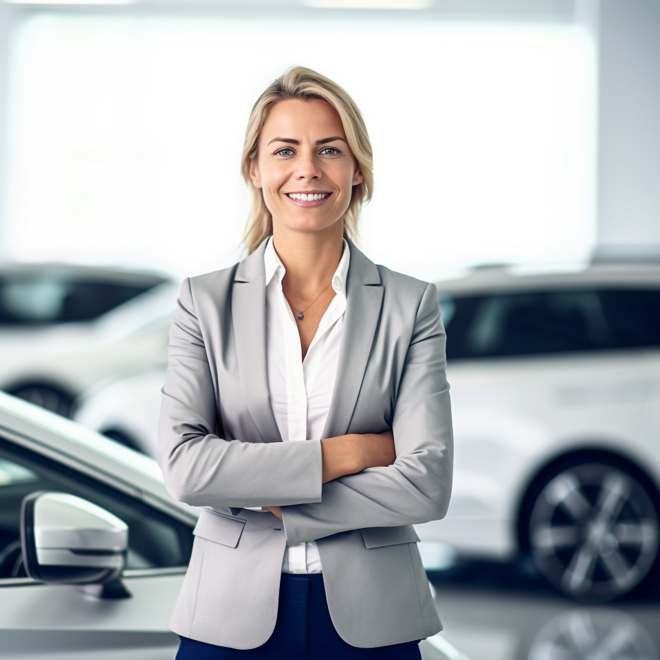 Friendly smiling beautiful woman automotive general manager at work on blured background