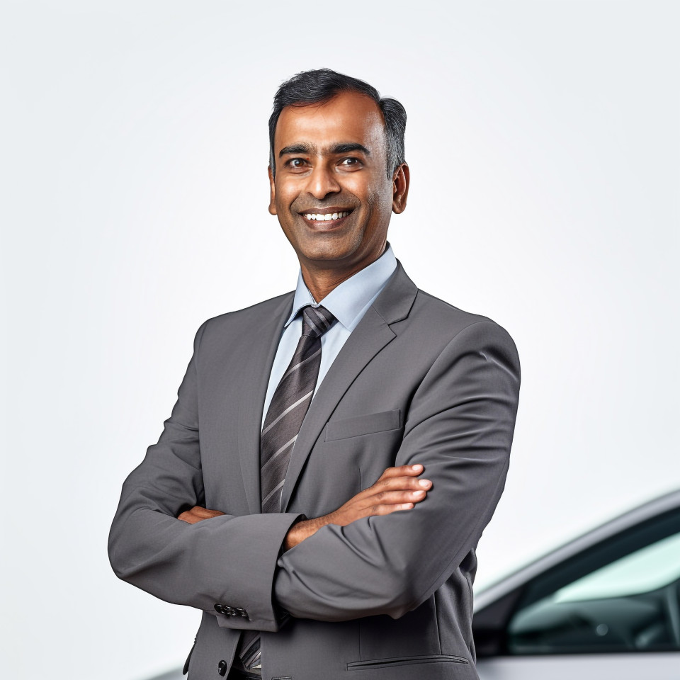 Friendly smiling handsome indian man automotive sales manager at work on white background
