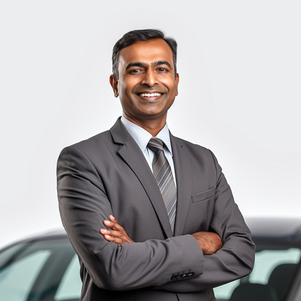 Friendly smiling handsome indian man automotive sales manager at work on white background