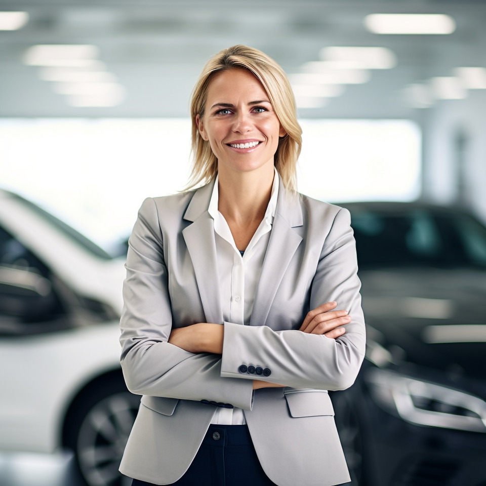 Friendly smiling beautiful woman automotive general manager at work on blured background