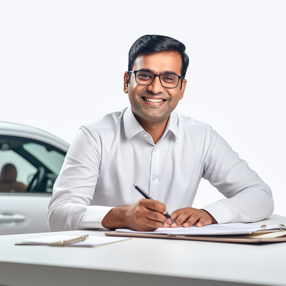 Friendly smiling handsome indian man automotive accountant at work on white background