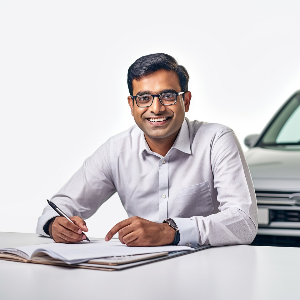 Friendly smiling handsome indian man automotive accountant at work on white background