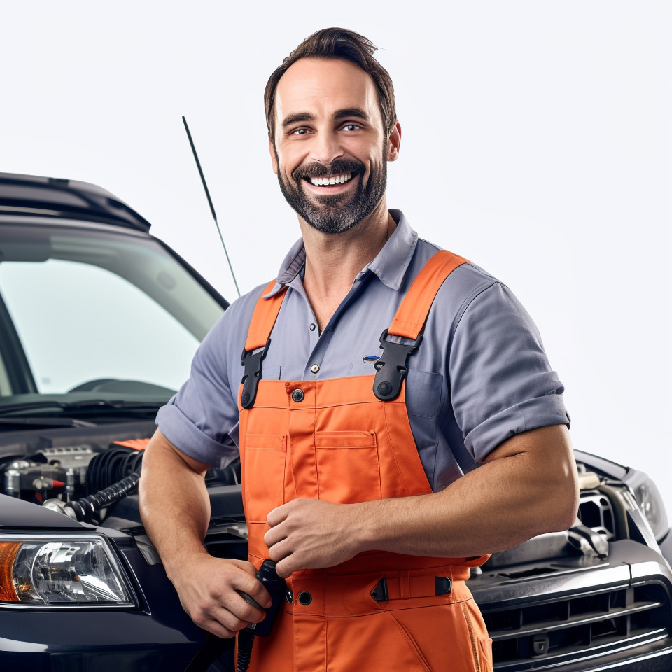 Friendly smiling handsome man automotive service technician at work on white background