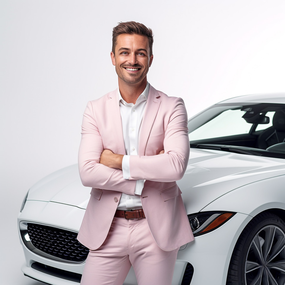 Friendly smiling handsome man automotive marketing manager at work on white background