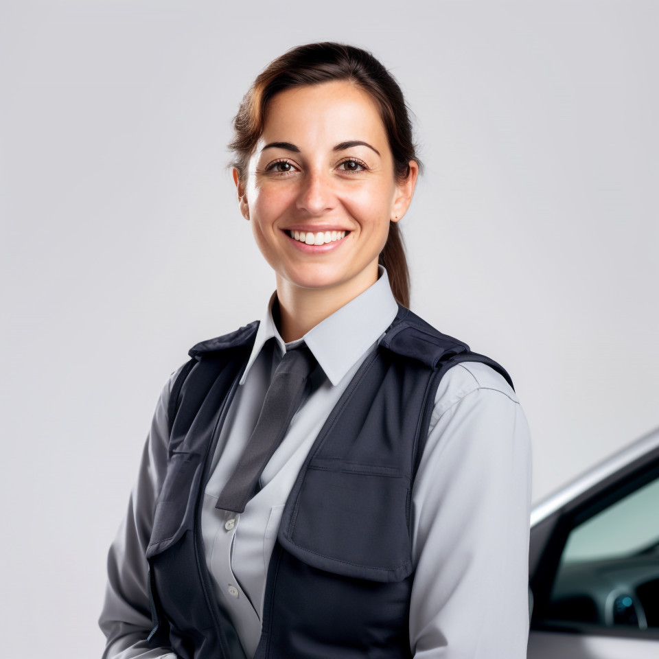 Friendly smiling beautiful woman automotive safety compliance specialist at work on white background