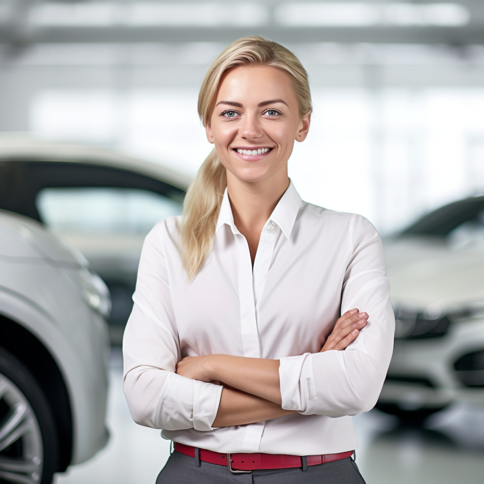 Friendly smiling beautiful woman automotive safety compliance specialist at work on blured background