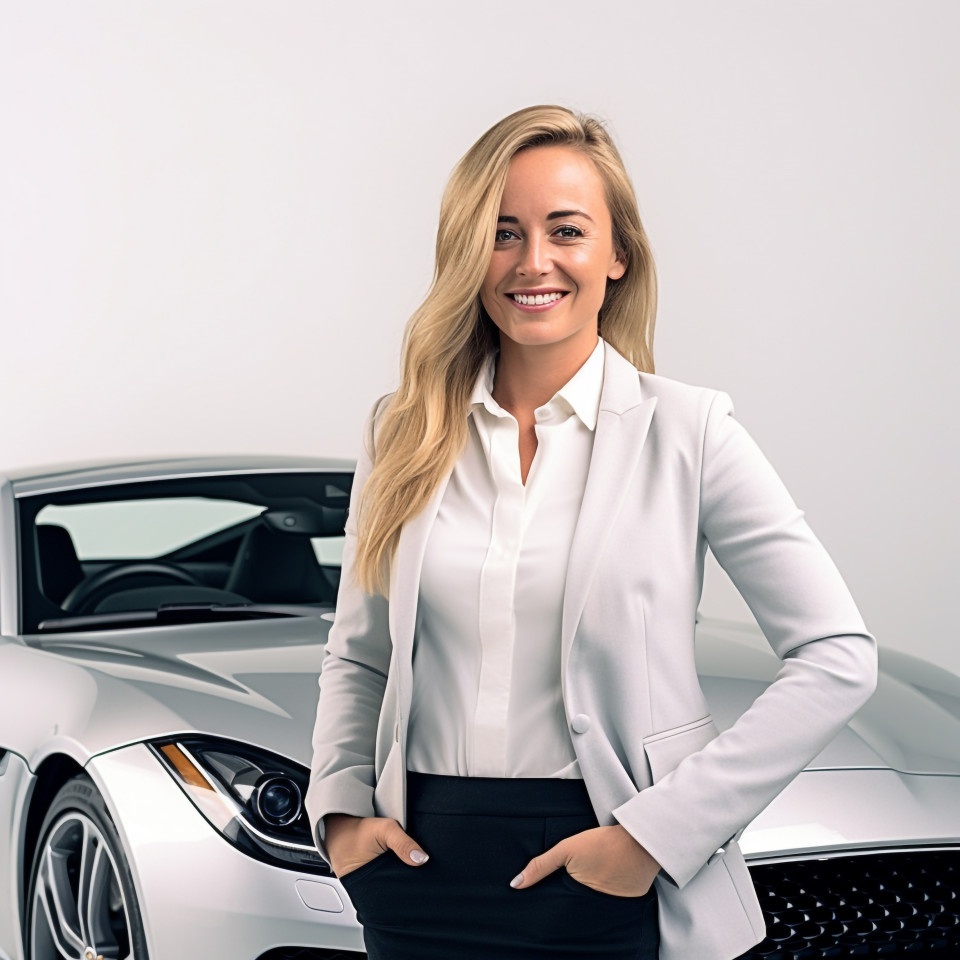 Friendly smiling beautiful woman automotive human resources manager at work on white background