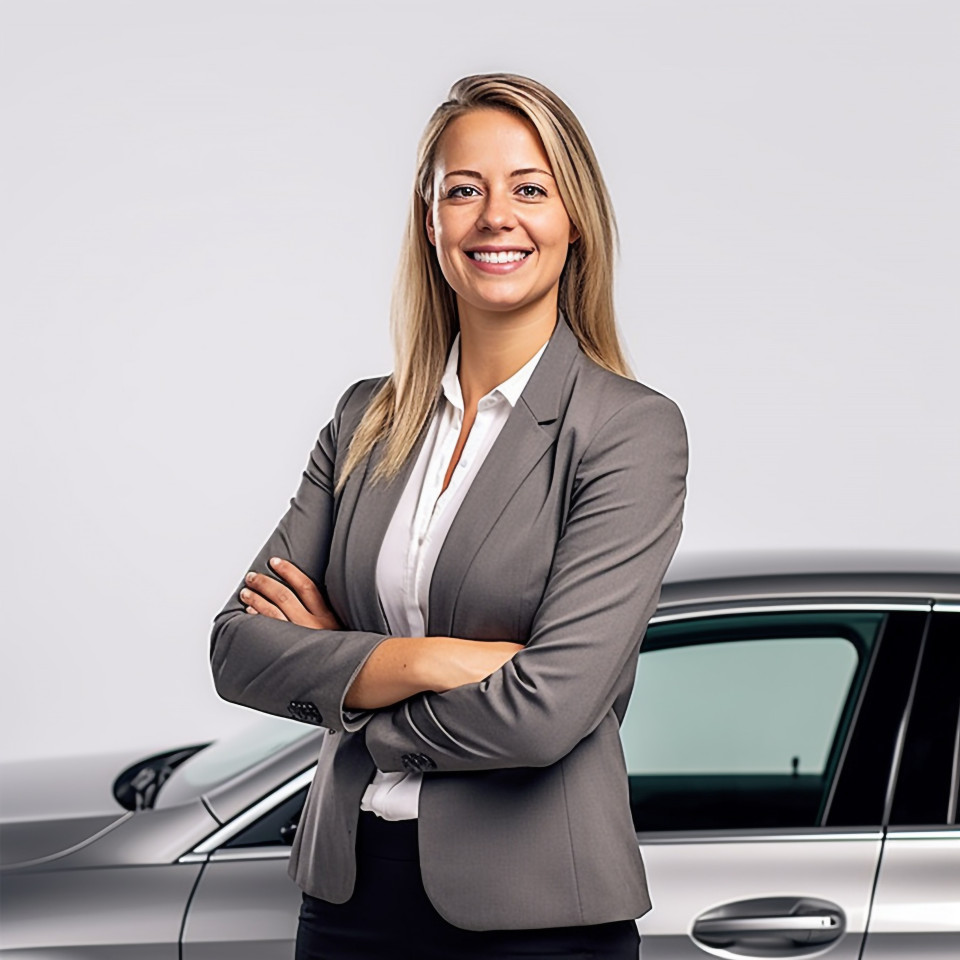 Friendly smiling beautiful woman automotive human resources manager at work on white background