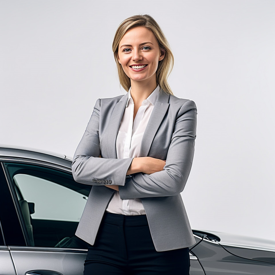 Friendly smiling beautiful woman automotive human resources manager at work on white background