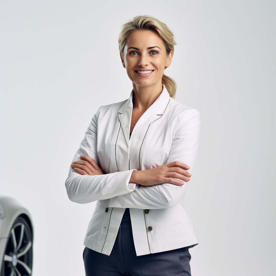 Friendly smiling beautiful woman automotive compliance and safety officer at work on white background