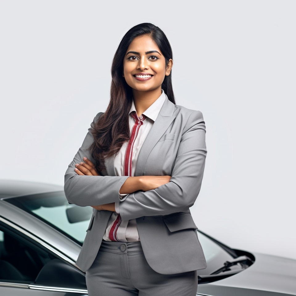 Friendly smiling beautiful indian woman automotive human resources manager at work on white background