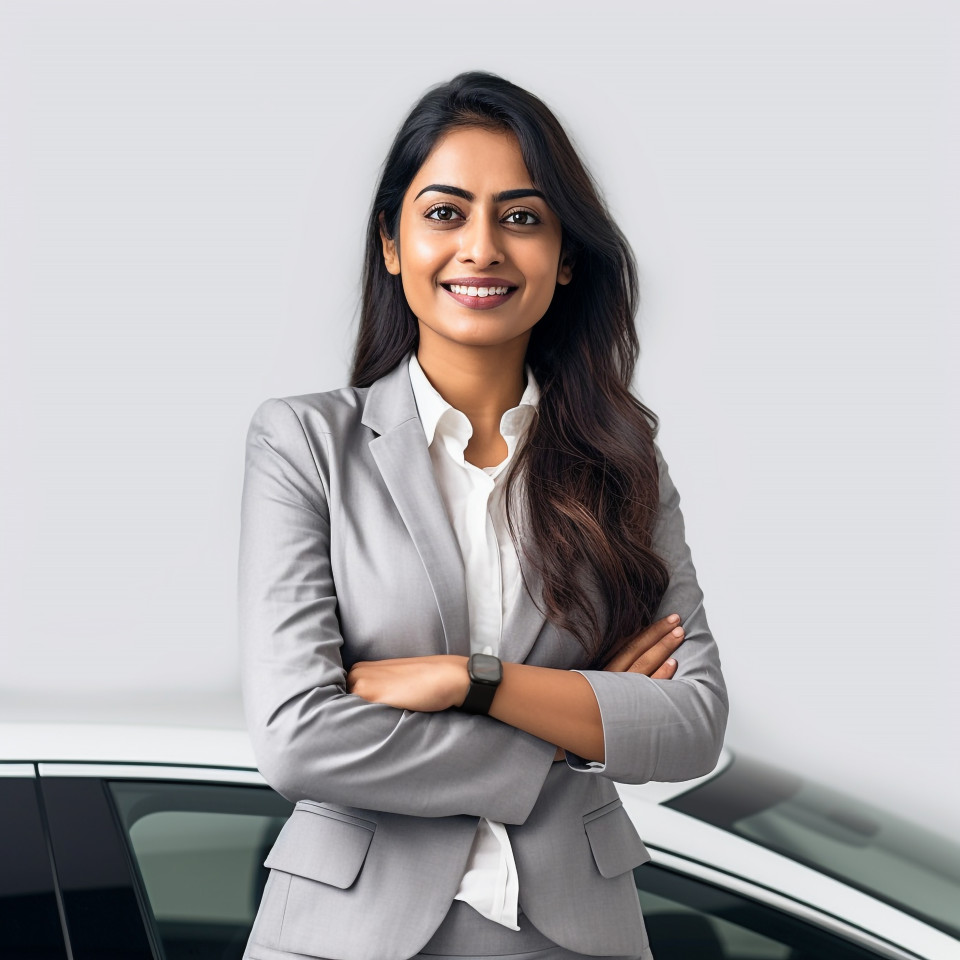 Friendly smiling beautiful indian woman automotive sales manager at work on white background