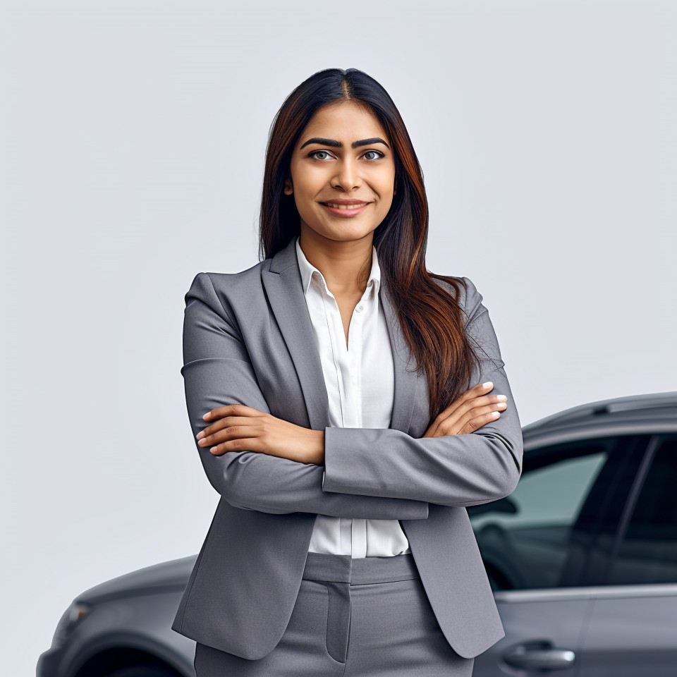 Friendly smiling beautiful indian woman automotive sales manager at work on white background