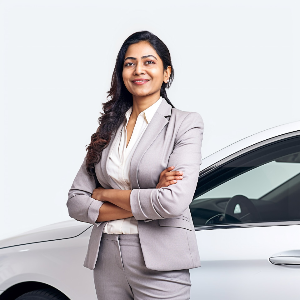Friendly smiling beautiful indian woman automotive sales manager at work on white background
