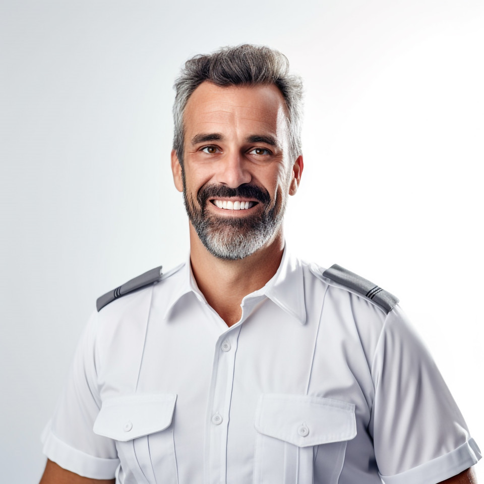 Friendly smiling handsome man automotive compliance and safety officer at work on white background