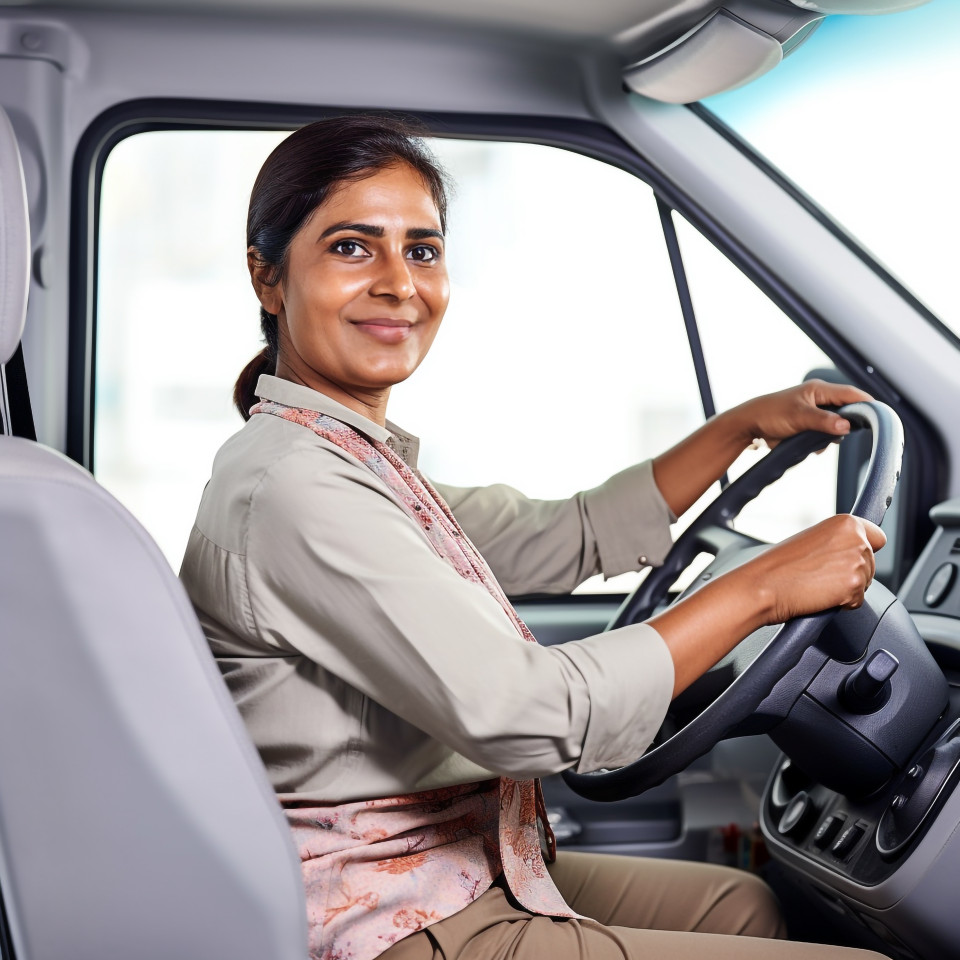 Friendly smiling beautiful indian woman automotive driver at work on white background