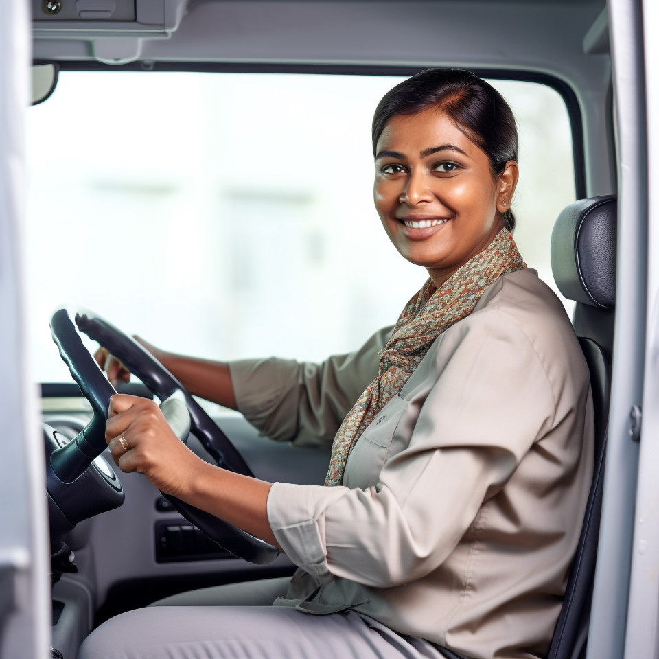 Friendly smiling beautiful indian woman automotive driver at work on white background