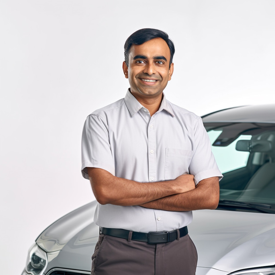 Friendly smiling handsome indian man automotive safety compliance specialist at work on white background