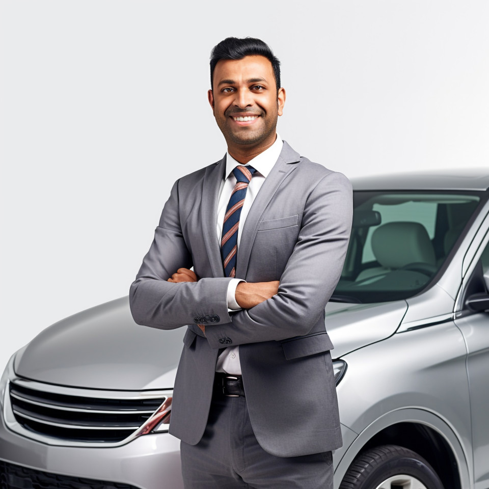 Friendly smiling handsome indian man automotive safety compliance specialist at work on white background
