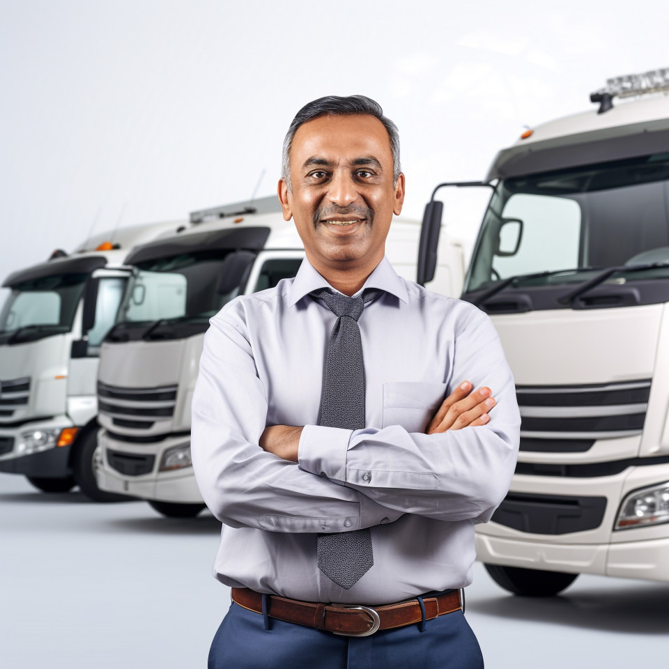 Friendly smiling handsome indian man automotive fleet manager at work on white background