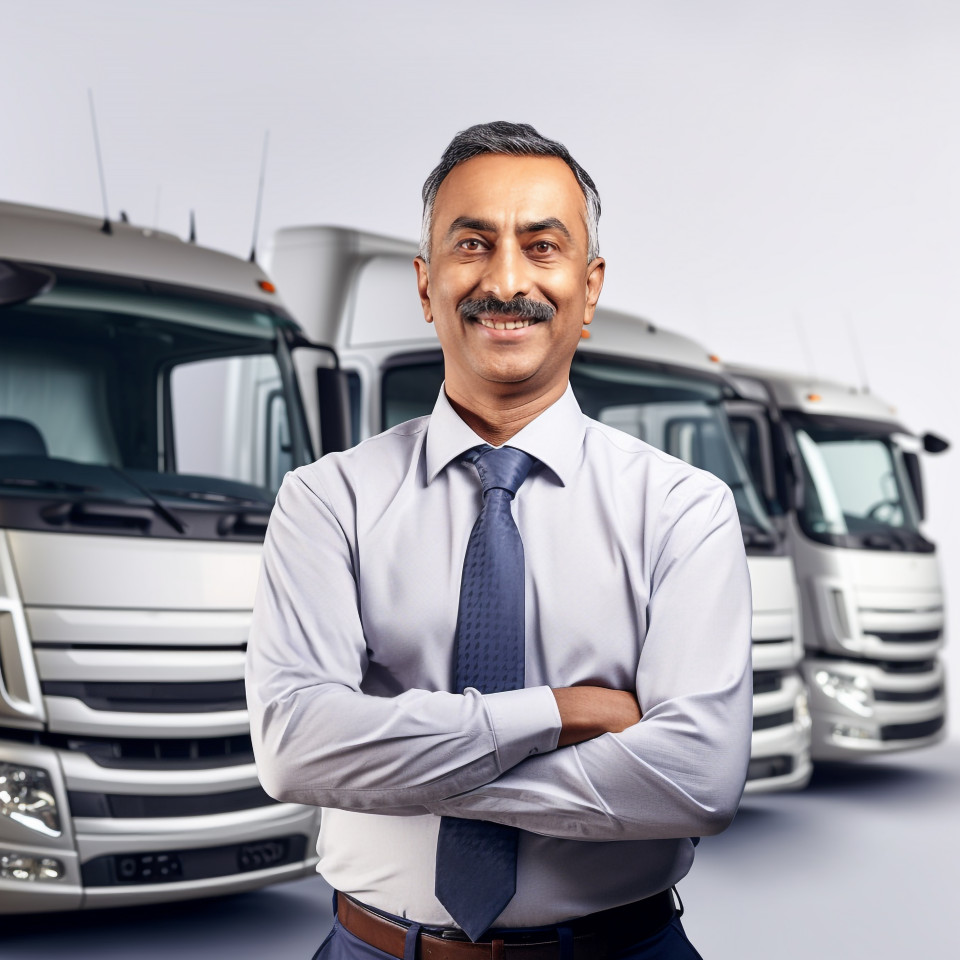 Friendly smiling handsome indian man automotive fleet manager at work on white background